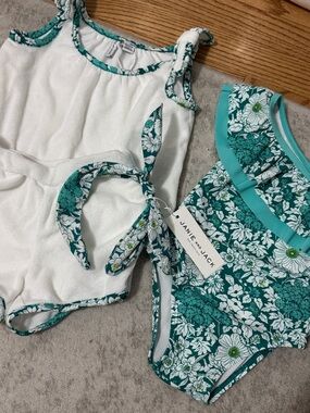 Janie and Jack Teal Floral Swim Suit with coverup and headband